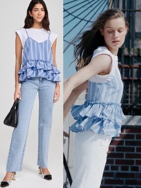 Cinq à Sept Samantha Seersucker Layered Look Top Blue & White Stripe Ruffle Hem